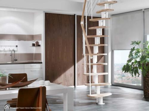 Raumspartreppe Euro Step | Metallfarbe Polar-Weiß | Stufendesign Buche natur