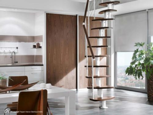 Raumspartreppe Euro Step | Metallfarbe Polar-Weiß | Stufendesign Buche dunkel