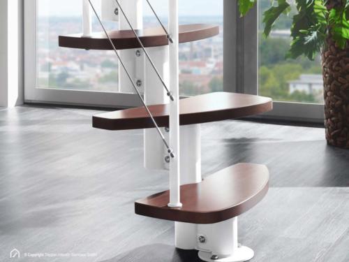 Raumspartreppe Euro Step | Metallfarbe Polar-Weiß | Stufendesign Buche dunkel