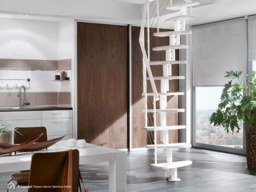 Raumspartreppe Euro Step | Metallfarbe Polar-Weiß | Stufendesign Buche weiß