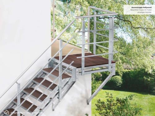 Stahltreppe Hollywood mit Podest und WPC-Stufen
