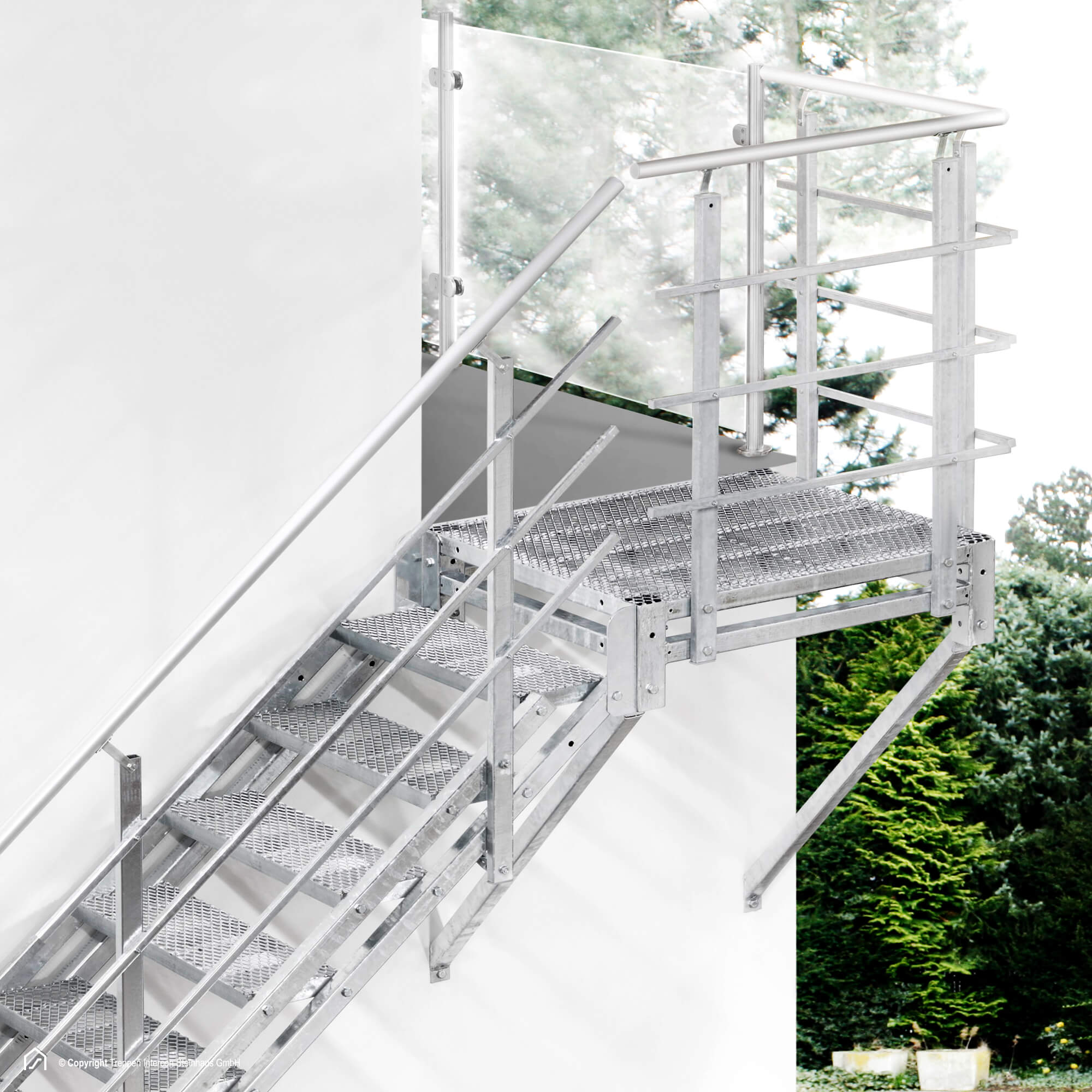 Außentreppe 14 Stufen 90 cm Laufbreite einseitiges Geländer rechts feuerverzinkte Stahltreppe mit 900 mm Stufenlänge als montagefertiger Bausatz Anstellhöhe variabel von 233 cm bis 280 cm Gitterroststufe ST1
